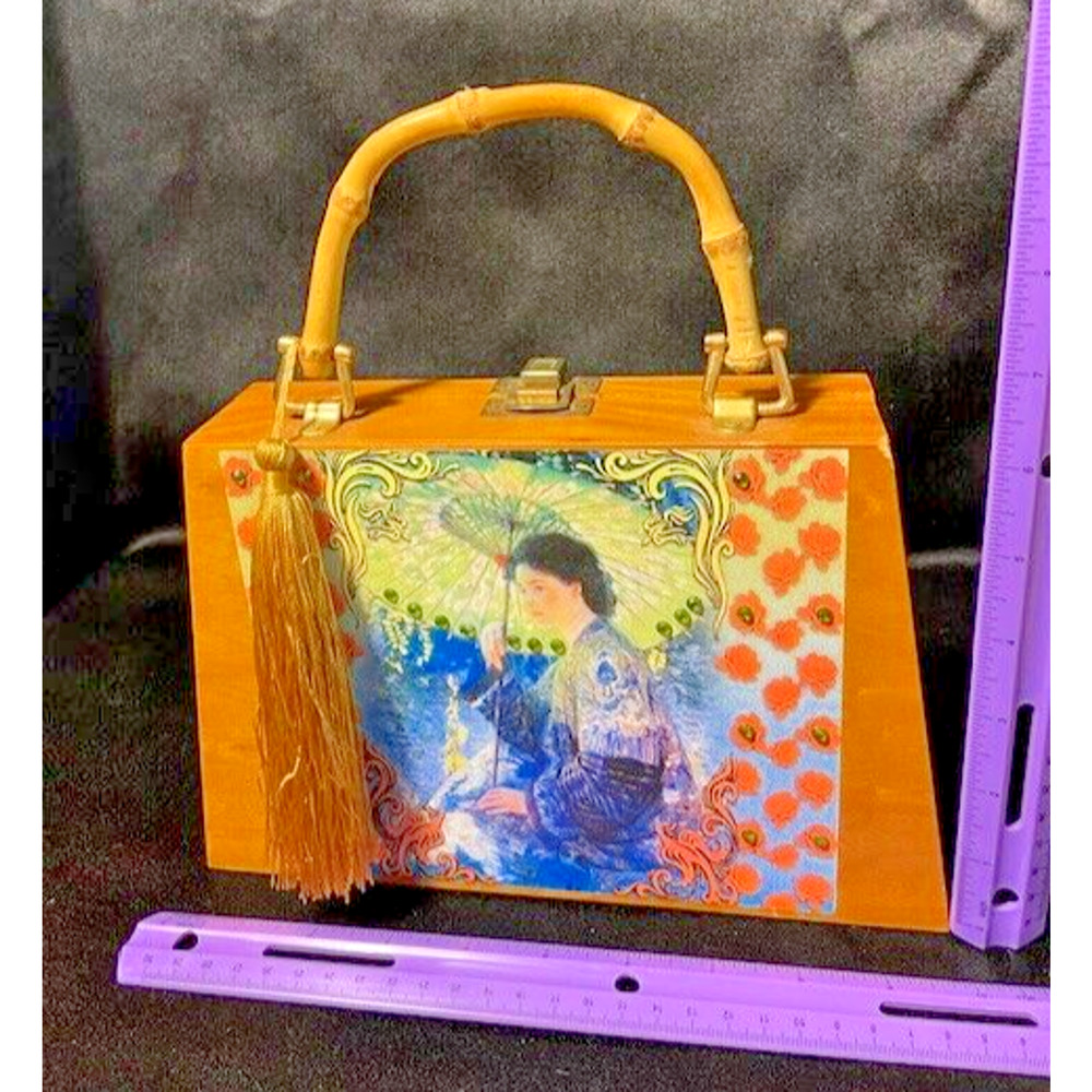 Woman's Purse Geisha Girl Japanese Vanity Bag - Hand Painted Artwork - Vintage - Picture 3 of 11